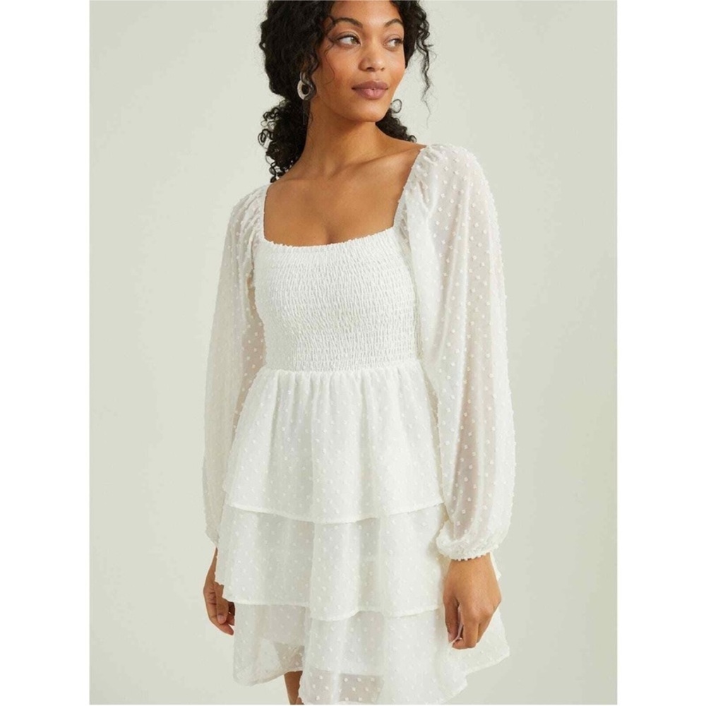 Altar'd State White Long Sleeve Tiered Babydoll Dress